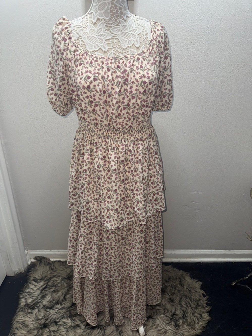 Gal Meets Glam Cream Maxi Dress with Pink Rose Print and Smocked Waist
